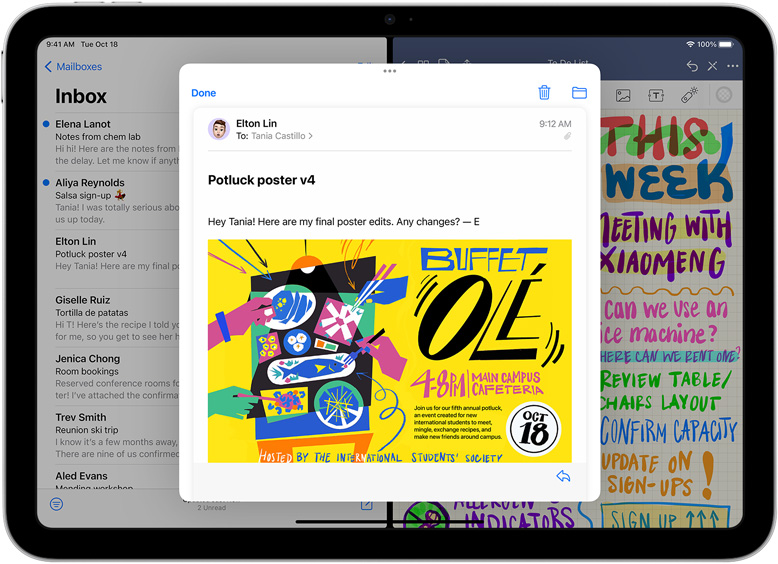 Почта и GoodNotes бок о бок на iPad