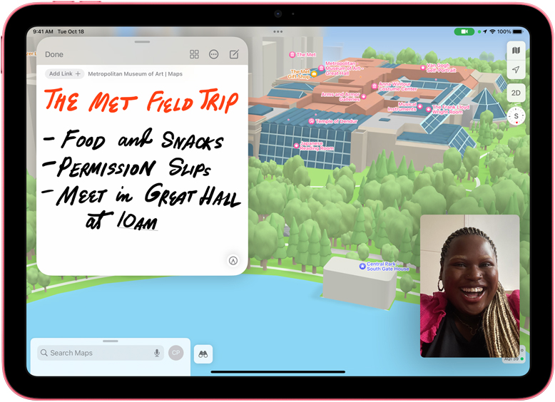 QuickNote в Maps с миниатюрой FaceTime на iPad.